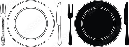 Cutlery setting features fork, plate, and knife in black and white outline style