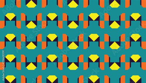 A seamless abstract pattern built from vivid geometric blocks in yellow, orange, and deep blue, set against a teal backdrop. The repetitive arrangement creates a dynamic, contemporary visual effect.