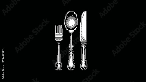 Elegant Cutlery Set: Fork, Spoon, and Knife in Vintage Engraved Style on Black Background. Classic Dining Tableware Illustration.