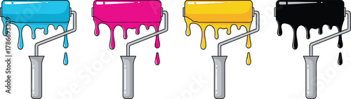 Four paint rollers drip colorful cyan, magenta, yellow, and black paint against a white background