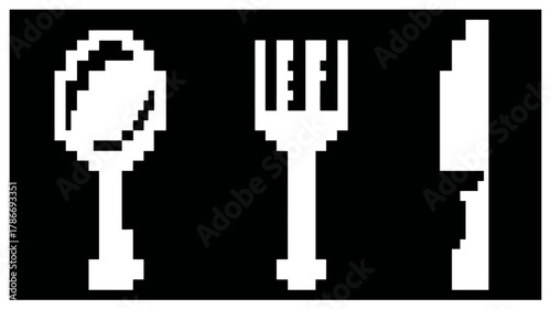 Retro pixel art illustration of white dining cutlery set with spoon, fork, and knife on a solid black background