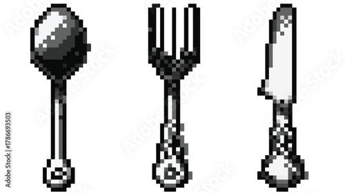 Retro pixel art cutlery set in monochrome. Spoon, fork, and knife icons for vintage 8-bit or 16-bit game assets and design elements.