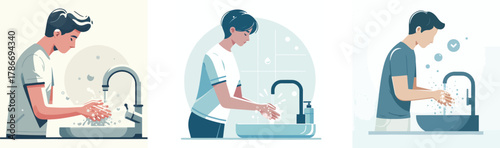hand washing with soap and running water, flat design, white background
