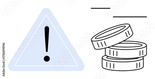 Warning sign with exclamation mark next to stacked coins and motion lines indicating movement or instability. Ideal for finance, caution, investment, risk, alert, economy, money concepts. Simple flat
