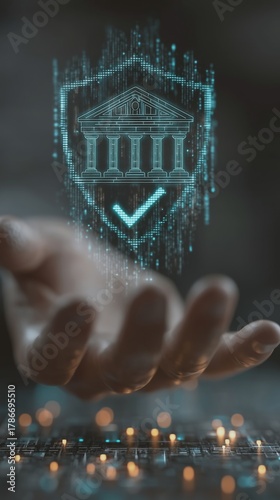 Digital banking security concept with virtual shield. Hand holds bank buildings on hand.