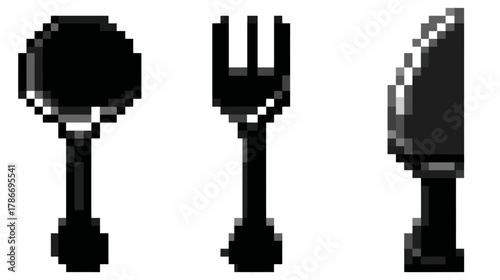 Pixel Art Cutlery Set: Black Silhouettes of Spoon, Fork, and Knife – Retro Dining Utensils Icons for Design