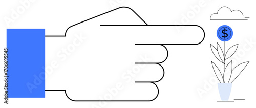 Blue hand pointing at potted plant growing upward with coin symbolizing success, investment, and opportunities. Ideal for finance, growth, savings, business, strategy, entrepreneurship progress