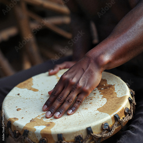 Hand playing traditional African djembe drum, capturing the essence of music and culture