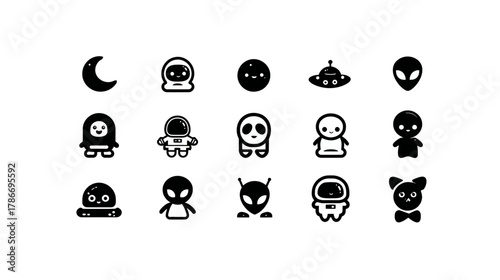 Minimalist black and white vector icon set featuring cute space elements like aliens, astronauts, planets, moon, and UFOs.