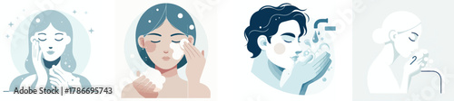 person washing face with soap and water, flat design, clean minimal style, white background