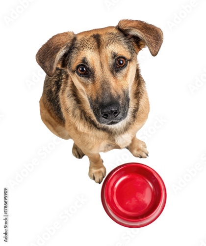 Hungry dog sits patiently near an empty red bowl