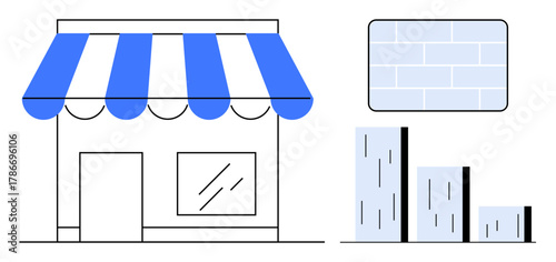 Shop with a blue awning, large window, and door next to a bar graph and brick wall panel. Ideal for business, retail, growth, entrepreneurship, strategy marketing startup. Simple flat metaphor