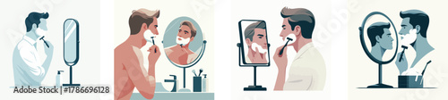 man shaving face in front of mirror, minimalist flat vector, white background