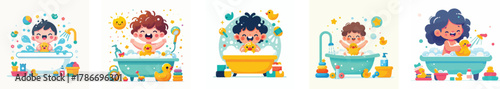 child playing with rubber duck in bathtub, flat minimal design, white background