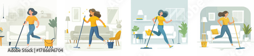 a woman mopping the living room floor, flat design, simple style, white background