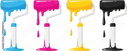 Row of dripping blue, pink, yellow, and black paint rollers are viewed clearly