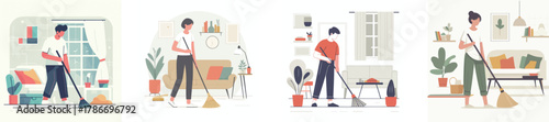 a person sweeping the floor at home, flat design, minimalistic, white background