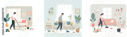 a person sweeping the floor at home, flat design, minimalistic, white background