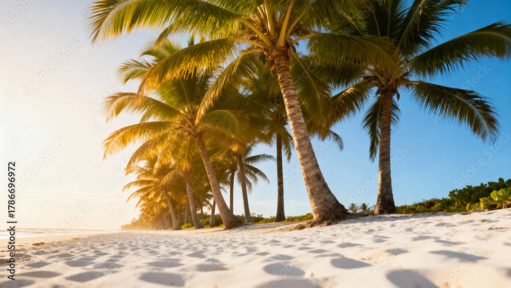 Obraz premium Tropical beach with palm trees and white sand under clear blue sky