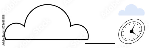 Cloud connected to a clock symbolizing time management. Ideal for technology, productivity, innovation, data storage, efficiency, deadlines, time tracking. Simple flat metaphor