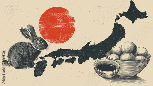 Traditional Japanese culture illustration with map, rabbit, red sun, and mochi-like dessert, vintage style