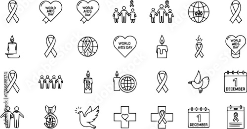World AIDS Day Line Icons Set. Collection of outline symbols for HIV awareness, including red ribbon, heart, globe, and calendar for December 1st.