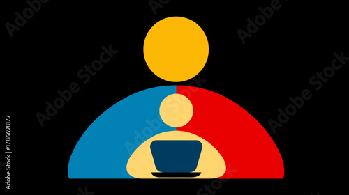 Colorful abstract illustration of an adult supervising a child's online learning with a laptop, representing digital education and remote study.