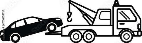 Tow truck hoists broken vehicle atop its platform; line drawing on transparent background