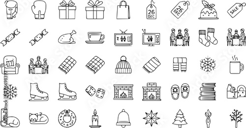 Festive Christmas Icons: Hand-Drawn Winter Holiday Elements (Black and White Outline)