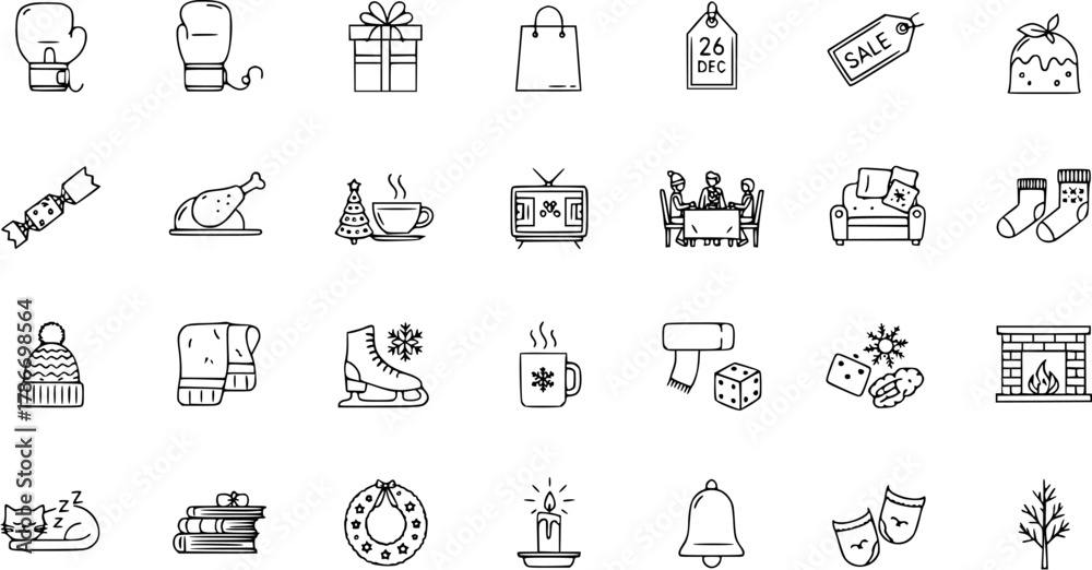 Fototapeta premium Christmas and Winter Line Icon Set: Holiday Season Elements