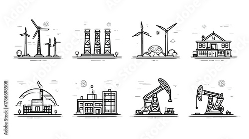 Renewable and Fossil Fuel Energy Icons Set: Wind Turbines, Solar Panels, Power Plants, Oil Derricks, Industrial Buildings