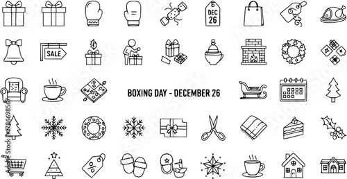 Boxing Day Line Art Icons: Gift, Sale, Christmas, Winter Holiday (December 26th)