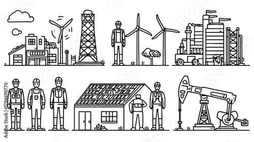 Industrial and Energy Production Icons Set with Construction Workers, Renewable Power, Manufacturing Plants, and Oil Industry Outline Illustrations
