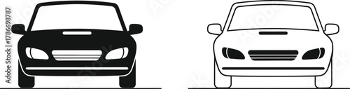 Two distinct black and white car front views show simple automobile art