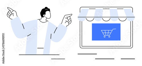 Person pointing at a digital storefront displaying a shopping cart, highlighting e-commerce. Ideal for online shopping, digital business, retail, marketing, entrepreneurship, payment systems, simple