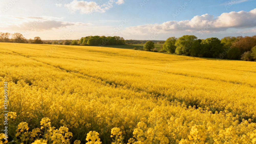 Obraz premium Vast field of blooming yellow rapeseed flowers under a partly cloudy sky