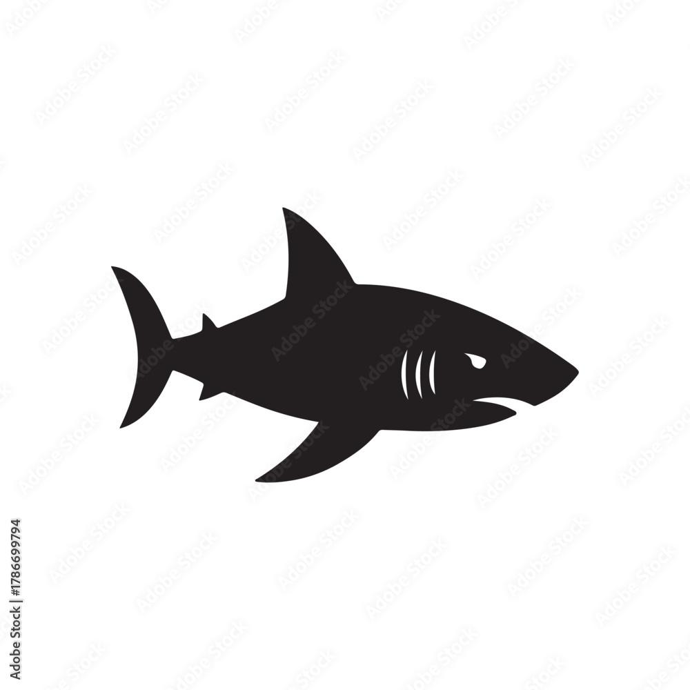 Fototapeta premium Sleek Black Shark Silhouette with Menacing Gaze and Sharp Fins Vector Illustration
