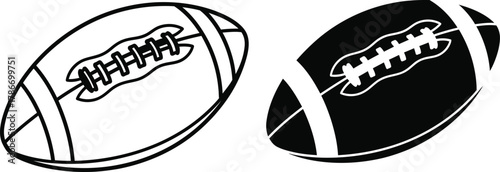 Two outlined football balls, one white with black strokes and another black with white bands, stand alone
