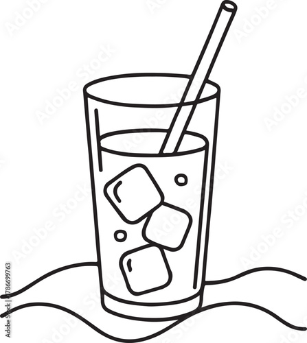 out line Illustration of a glass filled with a beverage, ice cubes, and a straw, sitting on a wavy surface white backgraound