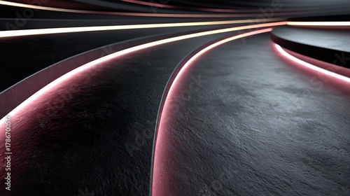 Fototapeta Naklejka Na Ścianę i Meble -  Abstract dark curved surface with pink and white glowing lines, generative ai