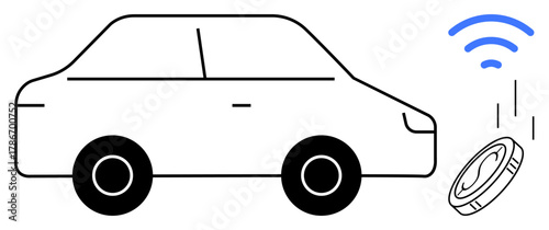 Car next to wireless signal and digital coin, emphasizing contactless payments, efficiency, innovation. Ideal for smart payment, mobility, innovation, transportation, future finance simple flat