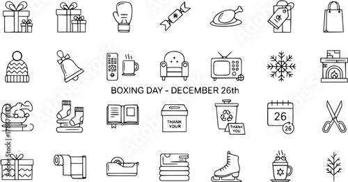 Boxing Day December 26th Line Icons Set. Christmas Aftermath, Shopping, Gifts, Relaxation, Charity, and Winter Season Vector Collection.