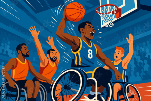 Intense Wheelchair Basketball Game with Players Scoring Dynamically