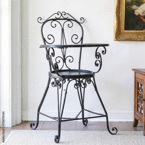 Wrought iron chair with intricate design showcasing craftsmanship in elegant interior