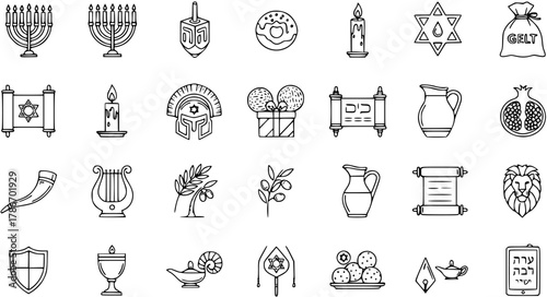 Jewish Holiday Icon Set: Hanukkah, Purim, Rosh Hashanah, Passover, Sukkot - Line Art Illustrations