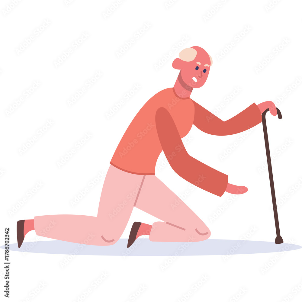 Obraz premium Elderly Person With Cane Kneeling Down With Outstretched Hand and Pink Outfit Against Transparent Background