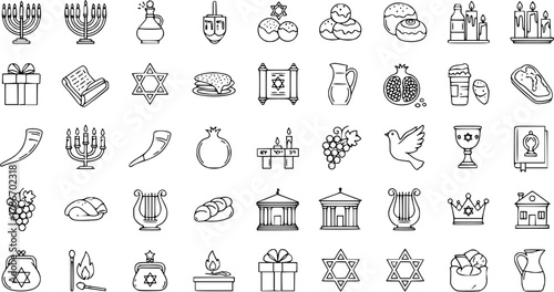 Collection of Jewish Holiday Icons: Hanukkah, Rosh Hashanah, Yom Kippur, Shabbat  Sukkot Outline Symbols