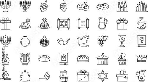Jewish Holiday Icons Set: Hanukkah, Rosh Hashanah, Shabbat and other celebrations. Outline Vector Symbols.