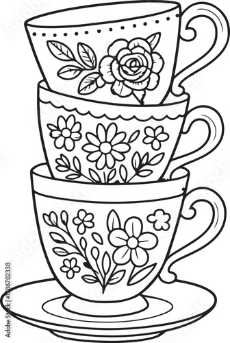 Stacked Decorative Tea Cups with Floral Designs teacup black and white out line vector illustration