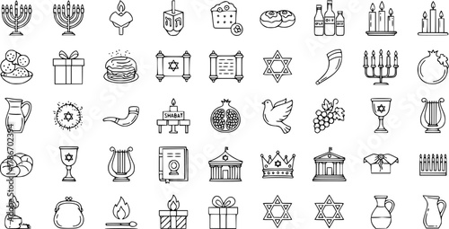 Jewish Holiday Icons: Chanukah, Shabbat, Rosh Hashanah, Yom Kippur, Hanukkah symbols. Vector Lineart Set.